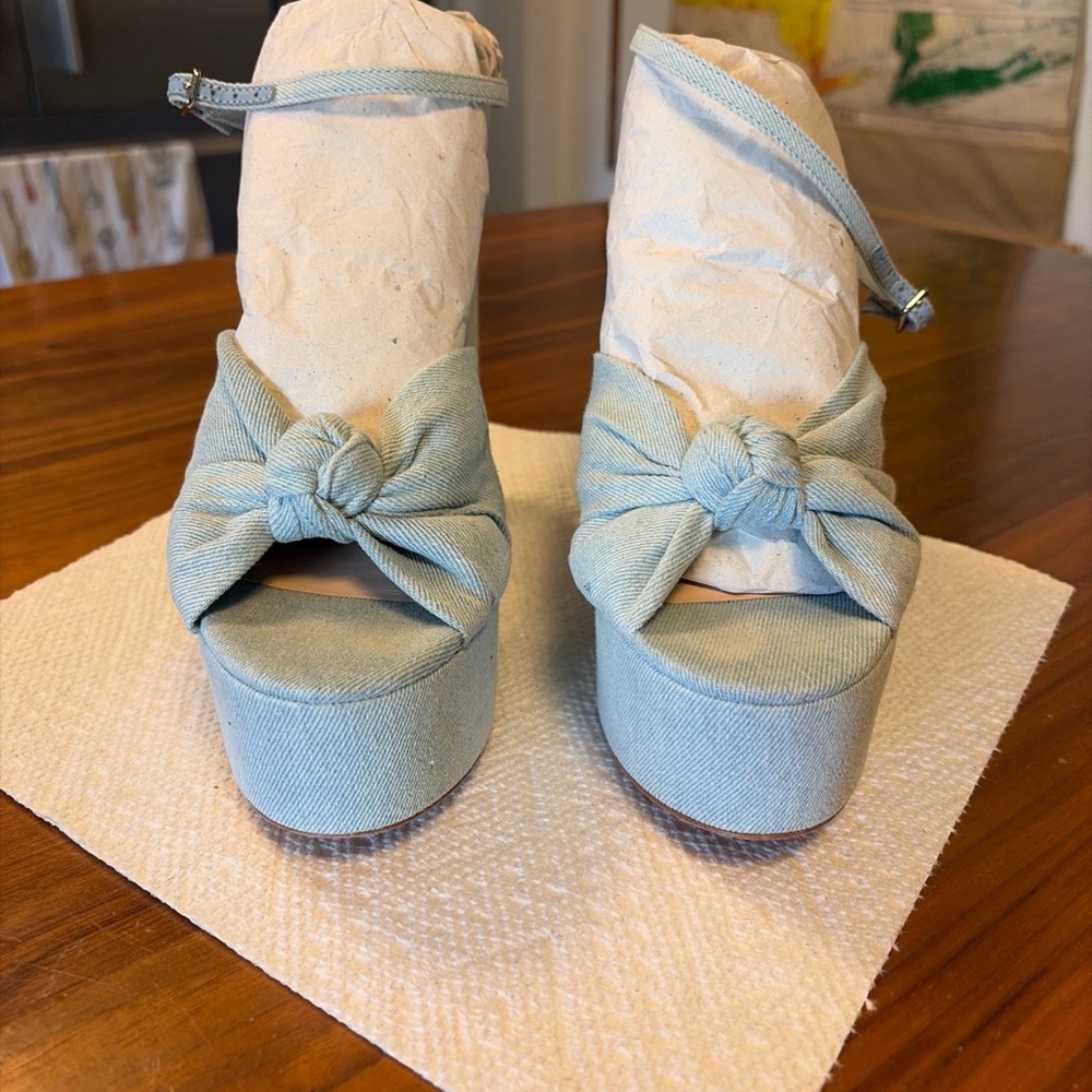 Loeffler Randall Light Blue Knotted Platform Sandals Size 7.5 Block Heel